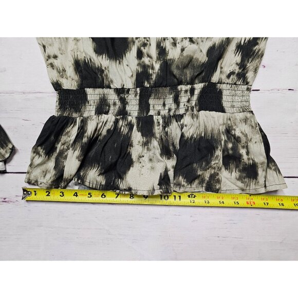 VENUS S BLACK BEIGE MOCK NECK COLD SHOULDER SMOCKED WAIST PEPLUM V-NECK L/S TOP - Picture 16 of 16